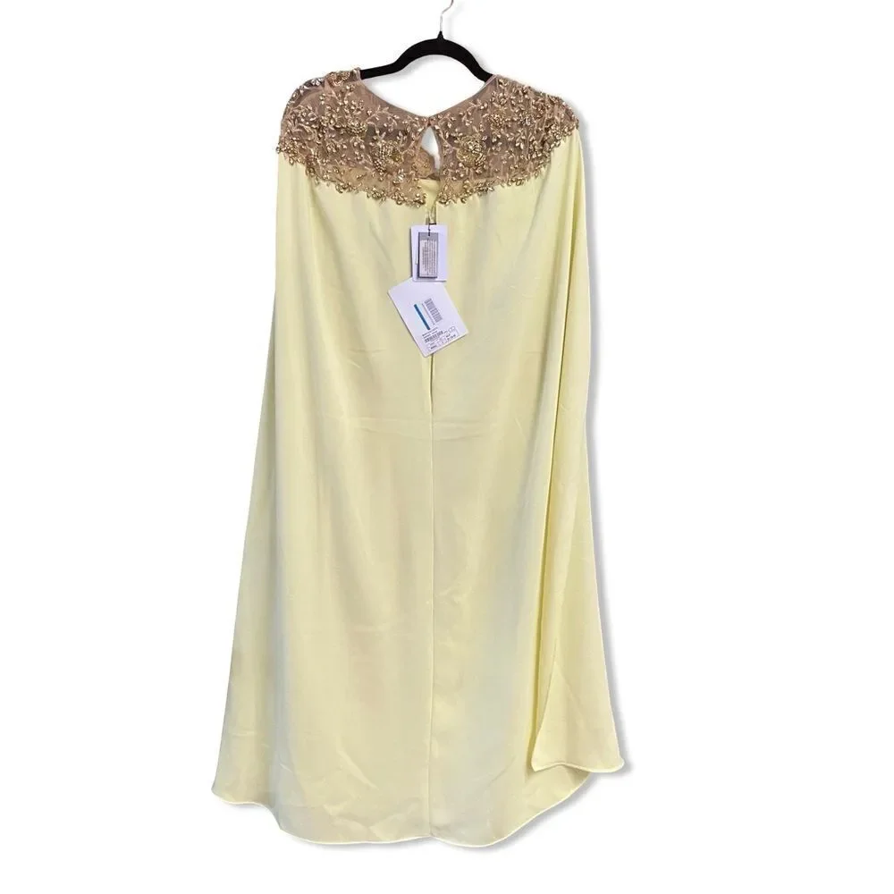 Marchesa Notte Yellow cape dress midi Gold Embellishments tulle evening $1700 4
